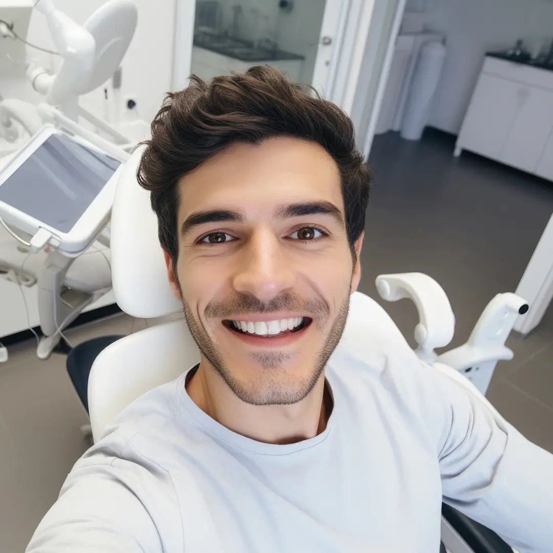 A Young Male Patient Sitting In The Dental Chair And Smiling With His Front Teeth Showcased