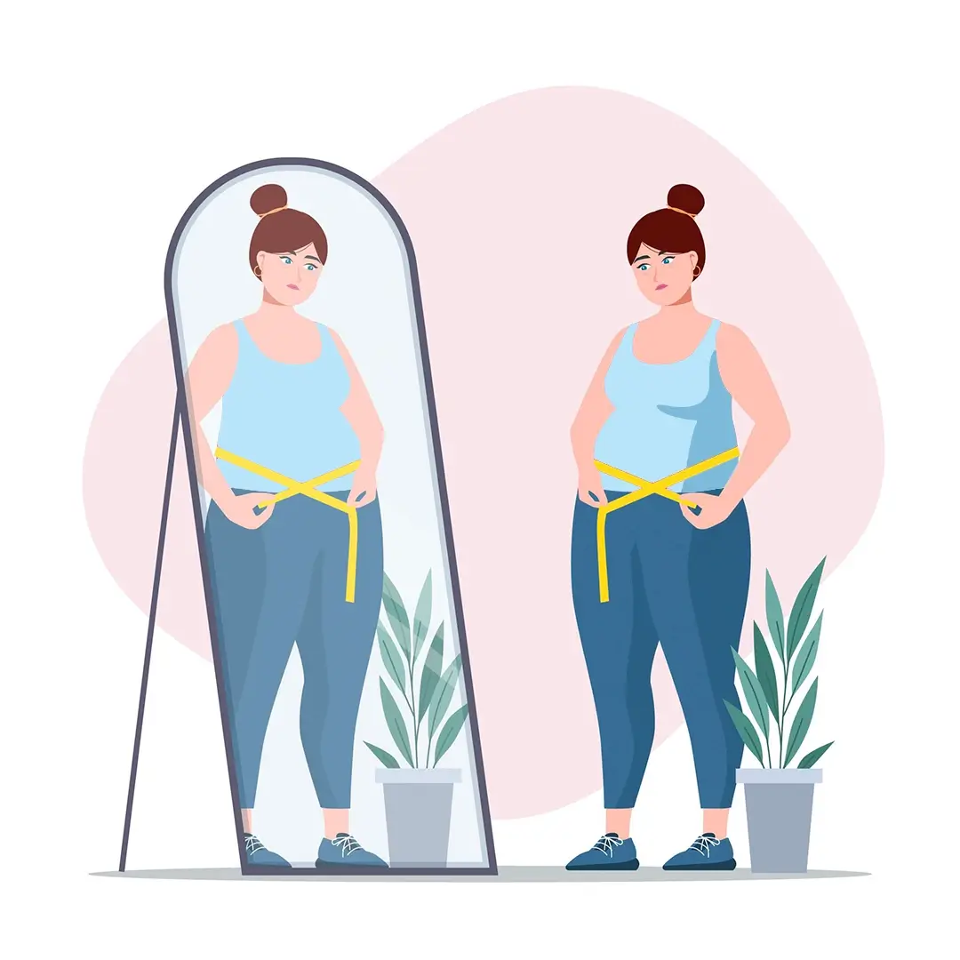 An Illustration Of An Overweight And Sad Woman Holding A Measuring Tape Around Her Waist And Looking At Her Reflection In The Mirror