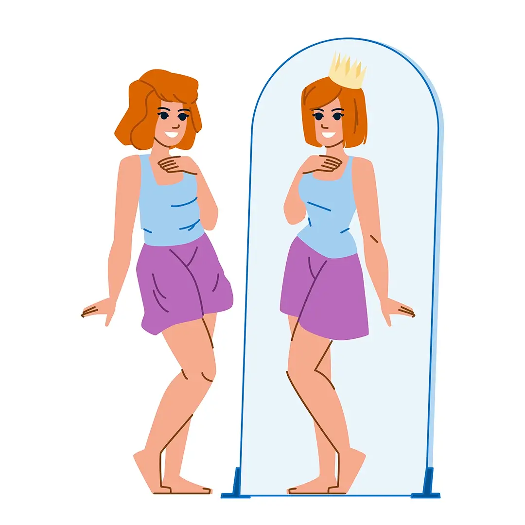 An Illustration Of A Young Woman Looking At Her Reflection In The Mirror, Where She Is Seen With A Crown On Her Head