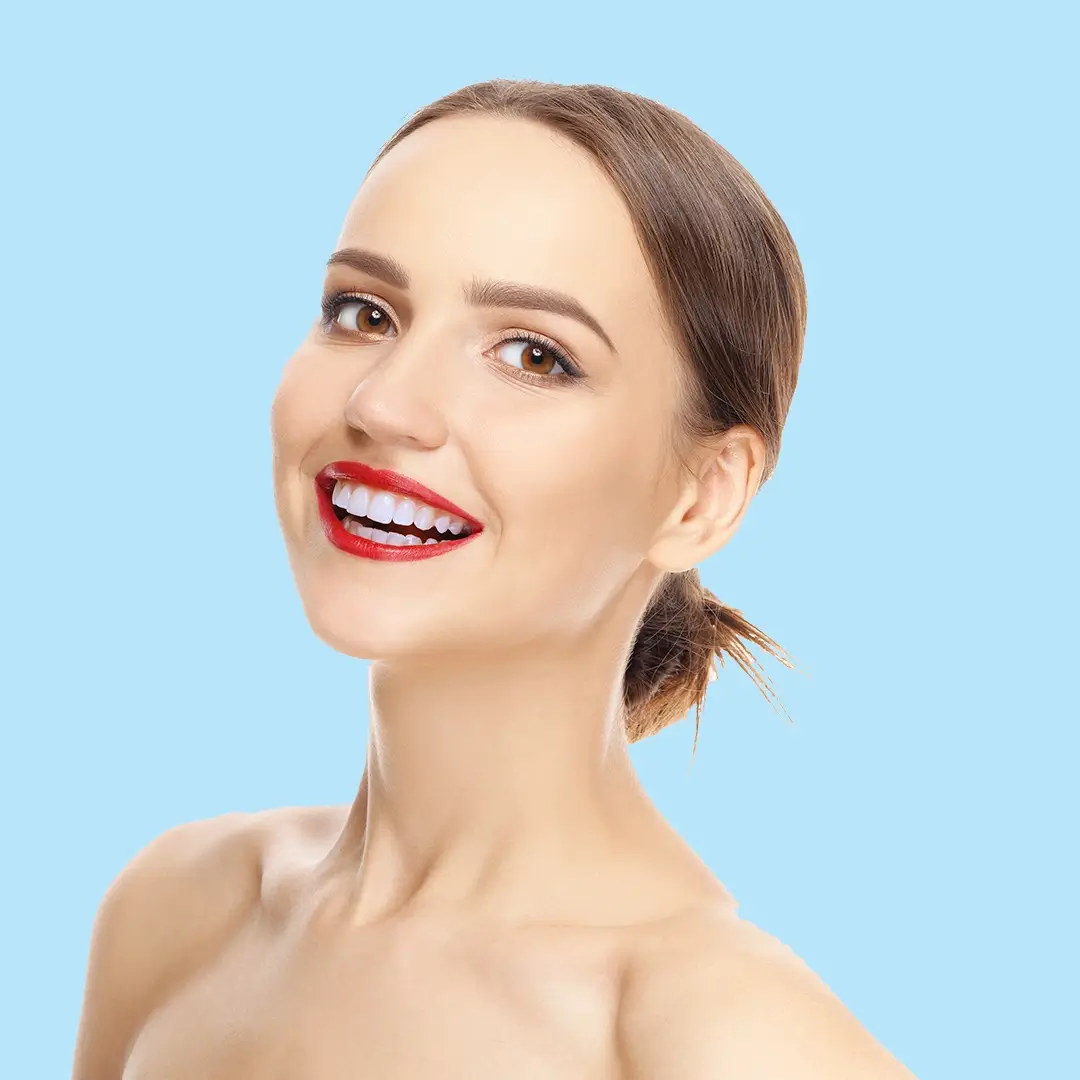 An Image Of A Young Woman Wearing Red Lipstick And Smiling