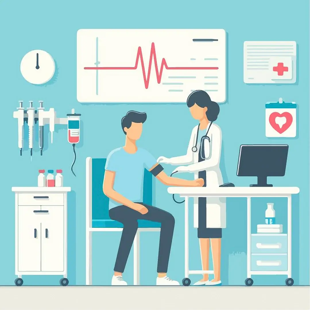 A Patient Sitting In The Doctor'S Room, Getting His Blood Pressure Checked By A  Doctor